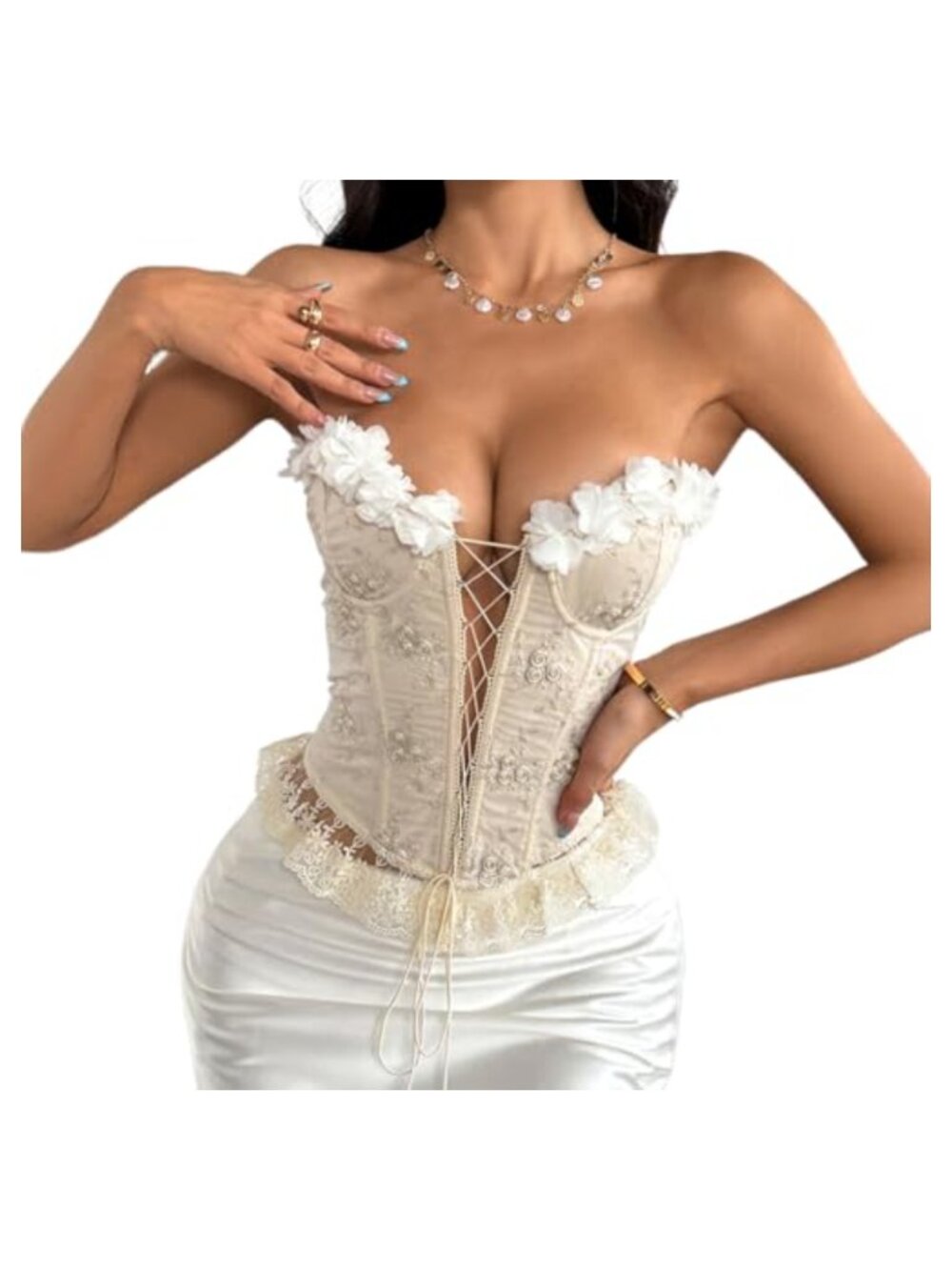 Women's Lace Up Strapless Floral Embroidery Corset Bustier Top